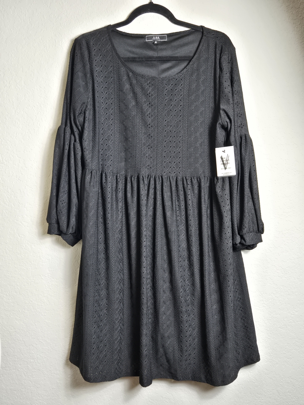 NWT Plus 1X Black Eyelet Babydoll Mini Dress Puff Sleeve Boho Cottagecore - Picture 8 of 9